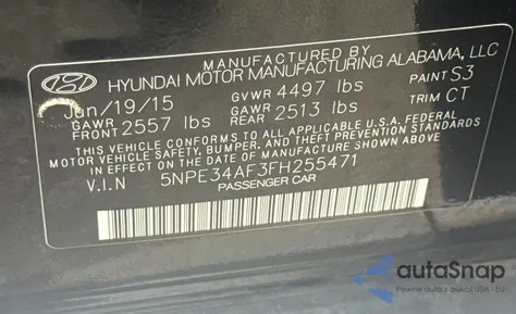2015 Hyundai Sonata Sport z USA, uszkodzony, nr VIN 5NPE34AF3FH255471